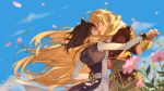  2girls absurdres animal_ears arm_around_waist black_hair blake_belladonna blonde_hair blue_sky cat_ears eye_contact fingerless_gloves flower fur_collar fur_trim gloves highres holding_hands insane84699530 jacket long_hair looking_at_another mechanical_arms multiple_girls rwby single_mechanical_arm sky very_long_hair yang_xiao_long yuri 