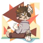  1:1 abstract_background anthro blep bottomwear brown_body brown_fur brown_hair brown_nose canid cheek_tuft chibi closed_smile clothed clothing ear_piercing facial_tuft fur gauged_ear grey_clothing grey_topwear hair hi_res lionfloof male mammal mouth_closed narrowed_eyes orange_eyes pants piercing red_bottomwear red_clothing red_pants sitting solo tan_body tan_fur tongue tongue_out topwear tuft 