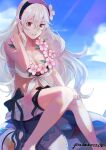  1girl artist_name bikini black_hairband blue_sky breasts character_doll cleavage cloud commentary corrin_(female)_(fire_emblem) corrin_(female)_(summer)_(fire_emblem) corrin_(fire_emblem) fire_emblem fire_emblem_fates fire_emblem_heroes flower flower_necklace gimkamres04 grin hair_between_eyes hair_flower hair_ornament hairband highres lilith_(fire_emblem) long_hair looking_at_viewer medium_breasts official_alternate_costume outdoors pink_flower pointy_ears red_eyes sitting sky smile solo sunlight swimsuit very_long_hair wavy_hair white_bikini white_hair 