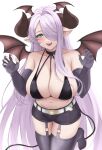  1girl 27h_kikyo absurdres bare_shoulders belt bikini black_gloves black_shorts blue_eyes blush breasts claw_pose cleavage demon_tail demon_wings draph elbow_gloves fangs fingerless_gloves garter_straps gloves granblue_fantasy hair_over_one_eye halloween_costume head_wings highres horns large_breasts long_hair looking_at_viewer micro_bikini narmaya_(granblue_fantasy) navel open_mouth pointy_ears purple_hair shorts single_fingerless_glove smile solo swimsuit tail thighhighs very_long_hair white_background white_belt wings 