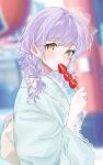  1girl aqua_kimono blurry blurry_background blush braid covered_mouth food fruit gem hair_ribbon highres holding holding_food japanese_clothes kimono lace-trimmed_hair_ornament lace-trimmed_kimono lace_trim long_hair looking_at_viewer obi pearl_(gemstone) purple_hair ribbon roni_dayo sash shinomiya_runa skewer solo strawberry swept_bangs twin_braids virtual_youtuber vspo! white_ribbon yellow_eyes 