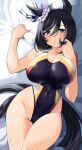  1girl animal_ears black_hair black_tail blue_eyes blush breasts cleavage collarbone covered_navel eishin_flash_(umamusume) hair_ornament hand_in_own_hair highres horse_ears horse_tail huge_breasts komb lying multicolored_clothes multicolored_swimsuit on_back on_bed one-piece_swimsuit short_hair solo swimsuit tail umamusume 