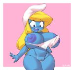  areola big_breasts black_eyes blonde_hair blue_body blue_skin blush blush_lines borvar breasts clothing female genitals hair hat headgear headwear huge_breasts huge_thighs humanoid looking_down nipples open_mouth pussy signature smurf smurfette solo teeth text the_smurfs thick_thighs wardrobe_malfunction wide_hips 