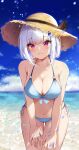  1girl absurdres alternate_hairstyle beach bikini blue_bikini blue_hair blunt_bangs breasts closed_mouth front-tie_bikini_top front-tie_top hat highres large_breasts leaning_forward lize_helesta looking_at_viewer multicolored_hair nagori0127 nijisanji purple_eyes short_hair side-tie_bikini_bottom sky solo star_(symbol) straw_hat swimsuit two-tone_hair virtual_youtuber water white_hair 