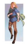  artist_name blonde_hair blue_eyes blush boots brown_footwear brown_pants cloak commentary elf english_commentary full_body green_cloak highres knee_boots long_hair looking_to_the_side pants pointy_ears sephineedraws shirt signature standing standing_on_one_leg tunic white_shirt 
