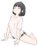  1girl 1ssakawaguchi ahoge arm_support bare_legs barefoot black_hair black_shorts blunt_bangs breast_pocket breasts closed_eyes closed_mouth dolphin_shorts full_body highres light_blush original pocket shirt short_hair short_sleeves shorts simple_background sitting small_breasts solo spread_legs t-shirt white_background white_shirt 
