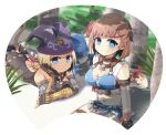  2girls armband bare_shoulders bikini black_gloves blonde_hair blue_bikini blue_eyes breasts brown_armband brown_choker brown_hair brown_wristband cat_girl cat_tail choker circlet cleavage closed_mouth crab elbow_gloves final_fantasy final_fantasy_xi fingerless_gloves flower gloves grass hair_flower hair_ornament halterneck hat hume jester_cap leather_choker leech looking_at_viewer lying medium_breasts mithra_(ff11) multiple_girls mumor navel ntapopo on_stomach purple_headwear red_flower sand short_hair sitting split_mouth swimsuit tail tail_raised thigh_strap tree uka_totlihn wristband 