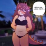  &lt;3 1:1 absurd_res anthro aquilops blush bra ceratopsian clothing colored dinosaur female goodbye_volcano_high hair hi_res markcaracortada ornithischian panties photo_background photo_manipulation photography_(artwork) reptile rosa_(gvh) scalie simple_background slightly_chubby snoot_game solo spanish_text speech_bubble text underwear 