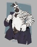  2023 animal_genitalia anthro biped bodily_fluids body_hair chest_hair clothing colored digital_drawing_(artwork) digital_media_(artwork) equid equine genitals hi_res jumpsuit male mammal nipples portrait sheath simple_background solo stripes sweat tusky_rayan_(artist) undressing zebra 