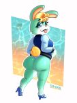  animal_crossing anthro big_butt blonde_hair blue_background blue_clothing blue_eyes blue_footwear blue_panties blue_shoes blue_topwear blue_underwear blush blush_lines breasts butt clothing cotton_tail crossgender eyelashes female footwear fur green_body green_fur hair head_tuft hi_res huge_butt lagomorph leporid looking_at_viewer looking_back looking_back_at_viewer mammal nintendo orange_background panties rabbit raccoon_sama rear_view sasha_(animal_crossing) shoes simple_background solo thick_thighs tongue tongue_out topwear tuft underwear white_background white_body white_fur wide_hips 