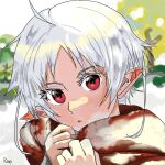  1girl ahoge blurry blurry_background blush cold elf finger_to_mouth light_blush looking_at_viewer mushoku_tensei open_mouth pointy_ears praaveeshraaj21 red_eyes scarf short_hair_with_long_locks snow sunlight sylphiette_(mushoku_tensei) white_hair 