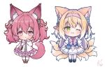  2girls animal_ear_fluff animal_ears arknights bag blush bow bowtie center_cross_lace chibi chinese_commentary colored_tips commentary_request cross-laced_clothes cross-laced_top fang fox_ears fox_girl fox_tail green_eyes hair_between_eyes hairband highres kitsune kyuubi long_sleeves looking_at_viewer multicolored_hair multiple_girls multiple_tails open_mouth pink_bow pink_bowtie pink_eyes pink_hair pink_hairband pleated_skirt puffy_long_sleeves puffy_sleeves purple_skirt qingye_tuanzi shamare_(arknights) shirt shoulder_bag signature simple_background skirt standing suzuran_(arknights) tail thighhighs twintails two-tone_hair white_background white_hair white_shirt white_skirt white_thighhighs 