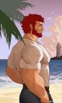  1boy absurdres akunaakun_(kunkun586586) bara beach beard facial_hair fate/zero fate_(series) feet_out_of_frame from_side highres iskandar_(fate) large_pectorals looking_at_viewer male_focus mature_male muscular muscular_male pectorals profile red_eyes red_hair sand shirt short_hair sideways_glance smile solo standing t-shirt thick_eyebrows tight_clothes tight_shirt 