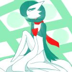  2023 3_fingers featureless_feet female fingers gardevoir generation_3_pokemon green_hair hair hair_over_eye hi_res humanoid looking_at_viewer nintendo not_furry one_eye_obstructed pokemon pokemon_(species) renv scarf sitting smile smirk solo 