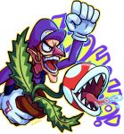  1boy big_nose brown_hair clenched_hand commentary_request eyeliner facial_hair gloves hat holding holding_plant makeup male_focus mario_(series) mu_(anitora24) mustache no_eyes overalls piranha_plant plant pointy_ears purple_shirt saliva sharp_teeth shirt teeth tongue upper_body waluigi white_gloves 