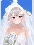  1girl absurdres alternate_costume animal_ears annytf bare_shoulders blush bouquet breasts bridal_veil cleavage cloud cloud_etoile cloudy_sky collarbone dress elbow_gloves fox_ears fox_girl gloves grey_hair grin hair_ornament highres indie_virtual_youtuber long_hair looking_at_viewer medium_breasts portrait purple_eyes sky smile solo star_(symbol) star_hair_ornament veil wedding_dress 