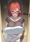  1girl 92m ahoge blush breasts brown_shirt commentary_request door highres holding holding_pillow kinshi_no_ane large_breasts looking_at_viewer open_mouth original pillow pink_eyes red-framed_eyewear red_hair red_shorts shirt short_hair short_sleeves shorts solo translation_request 