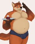  2023 absurd_res anthro belly black_nose bulge canid canine clothing dessert disney food fox gideon_grey hi_res humanoid_hands male mammal moobs mosin nipples overweight overweight_male pie simple_background solo underwear zootopia 