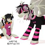  1:1 2022 bat_pony black_hair bodily_fluids chin_piercing choker clothed clothing digital_drawing_(artwork) digital_media_(artwork) duo ear_piercing emo emo_haircut equid equine facial_piercing fan_character feral footwear full-length_portrait fur gravel_shine grey_body grey_fur hair hasbro hello_kitty_(series) hi_res hooves horn horse jewelry makeup male mammal mascara mascara_tears membrane_(anatomy) membranous_wings multicolored_clothing multicolored_footwear multicolored_hair multicolored_socks multicolored_tail my_little_pony necklace nose_piercing open_mouth ozgrave piercing pink_hair pink_hooves pony portrait rtootb sanrio shaded signature simple_background socks tail tongue topwear winged_unicorn wings 