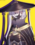  1girl armor black_cape breastplate breasts cape fate/grand_order fate_(series) grey_eyes hair_between_eyes hat high_collar highres house_tag_denim huyan_zhuo_(fate) jingasa large_breasts long_hair looking_to_the_side mask mouth_mask solo white_hair yellow_background 