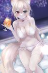  1girl animal_ear_fluff animal_ears bikini blonde_hair blue_eyes breasts cat_ears cat_tail choker cleavage cocktail cup drinking_glass food fruit heart heart_choker heterochromia highres holding holding_cup large_breasts lee_jooin long_hair looking_at_viewer maguro_(minase1684) mole mole_on_breast mole_on_thigh multicolored_hair navel orange_(fruit) orange_slice red_eyes single_thighhigh sitting streaked_hair swimsuit tail thighhighs tropical_drink v-lup virtual_youtuber white_bikini white_choker white_hair white_thighhighs 