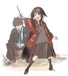 1boy 1girl arm_up blush brown_hair brown_pants brown_robe brown_skirt clenched_hand closed_mouth collared_shirt cosplay dress_shoes elbows_on_knees floating_hair green_eyes green_necktie grey_sweater gryffindor harry_potter_(series) holding holding_wand interlocked_fingers kakeami kneehighs kono_subarashii_sekai_ni_shukufuku_wo! loafers long_sleeves looking_at_another megumin necktie open_clothes open_mouth open_robe own_hands_together pants pleated_skirt red_eyes red_necktie robe satou_kazuma shirt shoes short_hair short_hair_with_long_locks sitting sitting_on_tree_stump skirt slytherin socks standing stole sweater v-shaped_eyebrows wand white_background white_shirt wizarding_world 