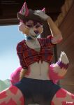  anthro blue_eyes canid canine canis clothed clothing domestic_dog female foxovh fur hi_res husky hybrid looking_at_viewer mammal multicolored_body multicolored_fur nordic_sled_dog solo spitz spots spotted_body spotted_fur wolf 