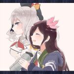  2girls beret binoculars black_cardigan black_headwear blush brown_hair cardigan closed_eyes closed_mouth clothes_writing collared_shirt crescent crescent_pin epaulettes grey_eyes grey_hair grey_shirt hair_ornament hat holding holding_binoculars itomugi-kun jacket kantai_collection kashima_(kancolle) kisaragi_(kancolle) kisaragi_kai_ni_(kancolle) long_hair long_sleeves multiple_girls open_mouth profile school_uniform serafuku shirt smile twintails white_jacket 