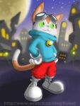  2008 3:4 anthro bell blinx blinx_the_time_sweeper clothing fur gloves green_eyes hands_on_hips handwear kukat looking_up male microsoft night orange_body orange_fur solo tail xbox_game_studios 