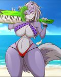  2023 anthro beach big_breasts bikini breasts canid canine canis clothing ear_piercing female five_nights_at_freddy&#039;s five_nights_at_freddy&#039;s:_security_breach keyboard_instrument keytar looking_at_viewer mammal mastergodai musical_instrument piercing roxanne_wolf_(fnaf) scottgames sea seaside solo steel_wool_studios swimwear thick_thighs water wolf 