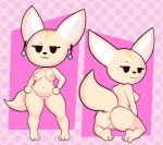  3_toes abstract_background absurd_res aggretsuko anthro anus blackmore butt canid canine ear_piercing ear_ring feet female fennec fenneko fox genitals hi_res looking_back mammal navel nude piercing pussy raised_tail ring_piercing sanrio short_stack solo tail toes 