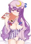  1girl akasaka_sato book breasts cleavage cowboy_shot crescent crescent_hat_ornament dress embodiment_of_scarlet_devil frilled_sleeves frills hat_ornament highres holding holding_book looking_at_viewer patchouli_knowledge purple_dress purple_eyes purple_hair purple_headwear sitting solo striped striped_dress touhou 