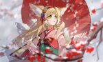  1girl absurdres animal_ear_fluff animal_ears arknights blonde_hair flower fox_ears fox_girl fox_tail green_eyes hair_flower hair_ornament hairband highres holding holding_umbrella japanese_clothes kimono kitsune kyuubi long_hair long_sleeves multicolored_hair multiple_tails nose obi official_alternate_costume oil-paper_umbrella open_mouth pink_kimono pinwheel red_hairband red_umbrella sash solo suzuran_(arknights) suzuran_(yukibare)_(arknights) tail two-tone_hair umbrella white_hair wide_sleeves xiazhiyi32222 