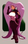  1girl aamonns absurdly_long_hair absurdres artist_name black_gloves breasts dark-skinned_female dark_skin entrapta full_body gloves hand_on_own_hip hand_up highres large_breasts long_hair parted_lips purple_eyes purple_hair she-ra_and_the_princesses_of_power solo standing twintails very_long_hair 