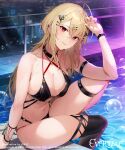  1girl absurdres ahoge bare_shoulders blush breasts brown_hair character_request ear_piercing evertale hair_between_eyes hair_ornament hairclip highres kakage large_breasts long_hair looking_at_viewer piercing pool poolside red_eyes solo swimsuit thigh_strap thighhighs thighs water wet 