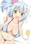 1girl bikini blue_hair blue_stripes blush breasts character_request copyright_request from_above hair_ornament large_breasts light_blue_hair looking_at_viewer navel open_mouth panties ponytail shiny_skin short_hair side_ponytail sitting smile solo striped striped_bikini striped_panties swimsuit tagme tail tottotonero underwear white_background yellow_eyes 