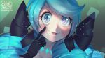  1girl :p black_bow black_gloves bow collarbone drill_hair gloves glowing green_background green_hair gwen_(league_of_legends) hair_bow hand_up highres kabedon league_of_legends long_hair multicolored_hair odeko_yma portrait smile solo tongue tongue_out twin_drills twintails two-tone_hair 