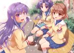  3girls :d absurdres antenna_hair bench black_socks blue_hair blue_skirt blush book breasts brown_eyes brown_footwear brown_hair cherry_blossoms clannad closed_mouth commentary_request expressionless falling_petals floating_hair fujibayashi_kyou furukawa_nagisa hair_bobbles hair_intakes hair_ornament hair_ribbon hairclip hand_up highres hikarizaka_private_high_school_uniform holding holding_book ichinose_kotomi jacket kneehighs loafers long_hair long_sleeves looking_at_viewer medium_breasts medium_hair miniskirt misaki_juri multiple_girls open_mouth outdoors parted_bangs petals pleated_skirt purple_eyes purple_hair ribbon sailor_collar school_uniform second-party_source shoes short_hair sidelocks sitting sitting_on_bench skirt smile socks two_side_up very_long_hair white_sailor_collar yellow_jacket 