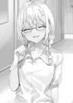  1girl :3 braid breasts buttons clenched_hand closed_eyes collarbone commentary_request crossed_bangs door floor glasses greyscale hair_between_eyes hair_intakes hair_ornament hairclip hairpin hand_up head_tilt highres indoors long_bangs looking_at_viewer loose_clothes loose_shirt low_twin_braids miyamae_nonoa momoko_(momopoco) monochrome novel_illustration official_art open_mouth parted_bangs school_uniform shirt short_sleeves sidelocks solo star_(symbol) star_hair_ornament swept_bangs tokidoki_bosotto_roshia-go_de_dereru_tonari_no_arya-san twin_braids 