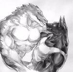  abs anthro anubian_jackal biceps canid canine canis clothed clothing crocodile crocodilian crocodylid duo etricronald fur hi_res humanoid incest_(lore) jackal league_of_legends looking_at_another male male/male mammal muscular muscular_anthro muscular_male nasus_(lol) open_mouth pecs renekton reptile riot_games scales scalie sibling_(lore) simple_background teeth topwear white_background 