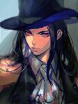  1other absurdres androgynous ascot bare_shoulders black_hair black_headwear guilty_gear guilty_gear_strive hat highres long_hair looking_at_viewer other_focus parted_lips red_eyes testament_(guilty_gear) top_hat white_ascot yohane_shimizu 