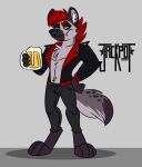  anthro canid canine clothed clothing digital_media_(artwork) feet fur hair hi_res jackpotyeen looking_at_viewer male mammal simple_background smile solo tail 
