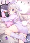  1girl absurdres animal_ears ass blush brown_hair commentary english_commentary fake_animal_ears fake_tail grin highres holding hololive hololive_english jacket koseki_bijou long_hair lying nintendo_switch no_shoes on_side pillow purple_eyes rabbit_ears rabbit_tail renew_vivi smile socks soles solo striped striped_jacket striped_socks tail very_long_hair virtual_youtuber 