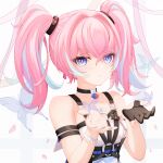  1girl absurdres bare_shoulders black_gloves blackheart` blue_butterfly blue_eyes blue_hair bug butterfly chinese_commentary choker closed_mouth commentary commentary_request dress gloves hair_between_eyes highres honkai_(series) honkai_impact_3rd looking_at_viewer multicolored_hair petals pink_hair pink_pupils rozaliya_olenyeva rozaliya_olenyeva_(fervent_tempo) single_glove sleeveless sleeveless_dress solo streaked_hair twintails upper_body white_background white_dress 