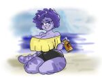  alcohol anthro beer beverage beverage_can big_breasts breasts ceratopsian cleavage clothed clothing dinosaur facial_horn female goodbye_volcano_high hair horn looking_at_viewer markings one-piece_swimsuit ornithischian purple_body purple_eyes purple_hair reptile scalie sitting snoot_game_(fan_game) solo swimwear thick_thighs triceratops trish_(gvh) unknown_artist 