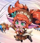  1girl brown_pantyhose brown_skirt detached_sleeves fang green_eyes hammer headdress holding holding_hammer holding_weapon league_of_legends long_pointy_ears multicolored_background official_alternate_costume official_alternate_hairstyle orange_hair pantyhose phantom_ix_row pleated_skirt pointy_ears poppy_(league_of_legends) shoes skirt solo swept_bangs teeth twintails upper_teeth_only weapon yordle 