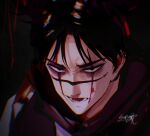  1boy bags_under_eyes black_hair blending blood choso_(jujutsu_kaisen) chromatic_aberration cuts dark dark_background dripping highres injury jujutsu_kaisen male_focus open_mouth red_eyes sayo_nara_drawing scar scar_on_face short_hair signature solo straight-on teeth 