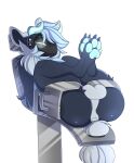  anthro anus balls black_body black_fur butt fluffy fluffy_tail fur genitals glowing glowing_eyes grey_tail hair horn long_hair machine male mammal metal nails nude pawpads paws pilvi_owo protogen protogen_visor simple_background solo solo_focus tail trapped tuft white_background white_eyes 