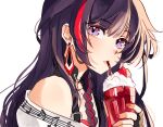  1girl absurdres bare_shoulders beamed_eighth_notes black_gloves black_hair braid commentary cup drinking_straw earrings fingerless_gloves food fruit gloves hand_up highres holding holding_cup honkai_(series) honkai_impact_3rd jewelry long_hair looking_at_viewer mofumanju multicolored_hair musical_note nail_polish parted_lips purple_eyes quarter_note raiden_mei red_hair red_nails simple_background solo strawberry streaked_hair upper_body white_background 