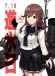  1girl belt belt_buckle black_belt black_necktie black_sailor_collar black_shirt black_skirt braid brown_hair buckle dated dress_shirt garter_straps green_eyes highres kaminashi_yamato kantai_collection long_sleeves machinery necktie noshiro_(kancolle) noshiro_kai_ni_(kancolle) pleated_skirt sailor_collar sailor_shirt school_uniform serafuku shirt simple_background skirt solo swept_bangs thighhighs twin_braids white_background 